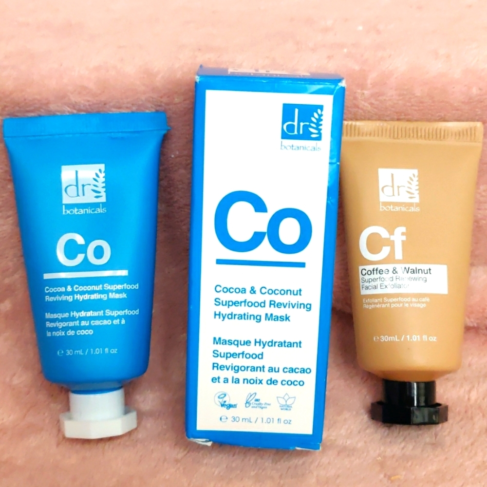 Dr. Botanicals:coffee Walnut facial exfoliator/ cocoa & coconuts hydrating mask